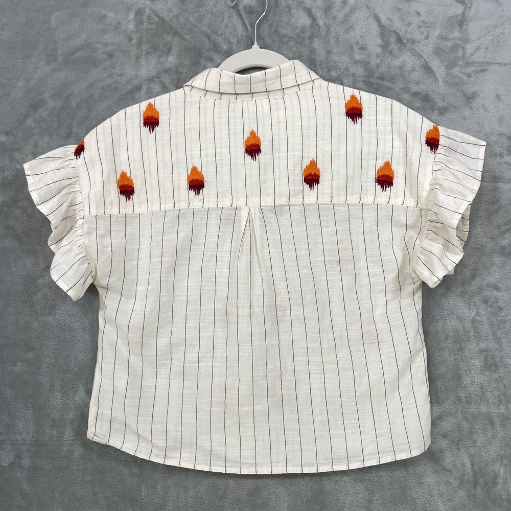 THML Striped Cotton Shirt Size S Flame Embroidered Boxy Flutter Sleeve Boho - Picture 2 of 6